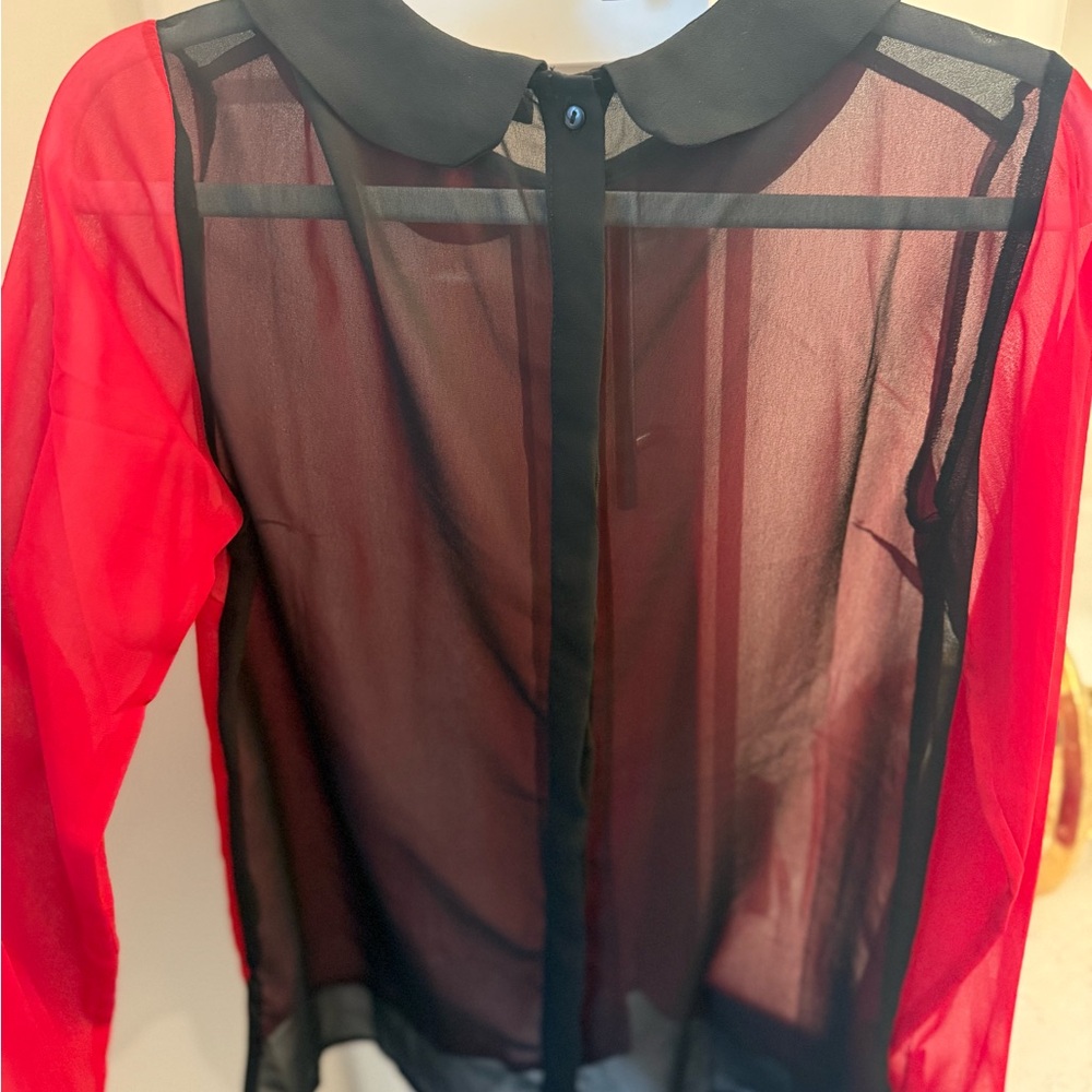 W118 by Walter Baker Sheer Red and Black Collared Blouse - Picture 3 of 3